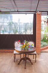 bride and groom table decorated for wedding party 