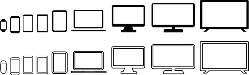 technology line devices icon set.TV monitor, computer, laptop, tablet, smartphone, watch icons. Outline mockup electronics devices monitor lines icon on white background..eps