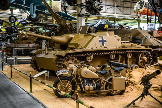 SINSHEIM, GERMANY - MAI 2022: Sturmgeschutz StuG III 3 assault gun and motorbike motorcycle BMW R75