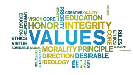 Values animated tag word cloud;text design animation kinetic typography seamless loop.