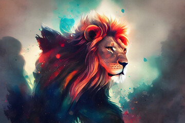 Beautiful Lion in Colorful Ink