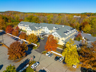 Historic residential house aerial view in fall at Concord Park in West Concord, town of Concord,...