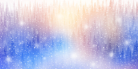 	
Dreamy winter forest, snowfall and bokeh effect, bright holiday background, vector illustration