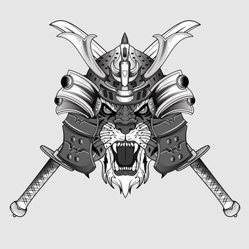 recommend clip art: Hand drawn Japanase design samurai tiger helmet knight head artwork black and white