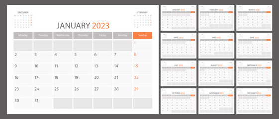 Calendar planner 2023 vector schedule month calender, organizer template. Week starts on Monday. Business personal page. Modern simple illustration