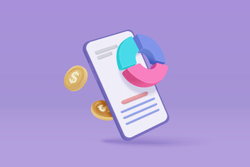 3D online trading with mobile phone and money coin on purple background. Investment graph using funding business on smartphone. 3d vector trading on mobile phone for investment render illustration - obrazy, fototapety, plakaty