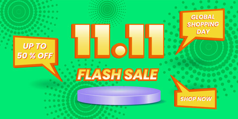 11 11 flash sale. green abstract background, blue cylinder podium, text effect. 3d, simple, modern, colorful concept. use for advert, ads, event, promotion, poster, flyer