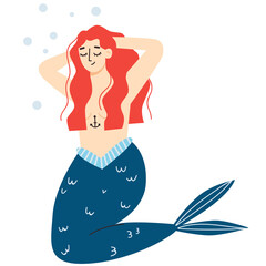 Cute mermaid with red hair and with anchor tattoo. 