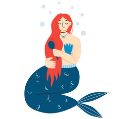 Cute mermaid combs her hair.