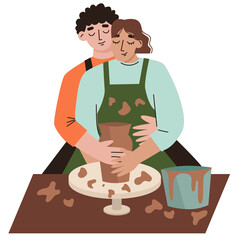 Couple in love making handcraft vase. Pottery studio.