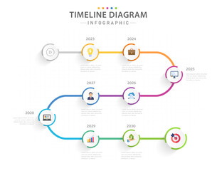 Infographic template for business. 8 Steps Modern Timeline diagram with Yearly topics, presentation vector infographic.
