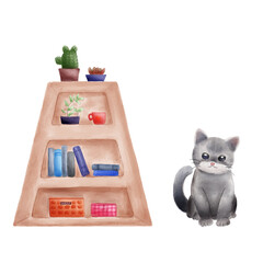 Wooden bookshelf with the little baby gray cat, isolate on white background, hand drawn, watercolor illustration