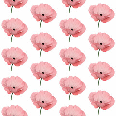Maki - różowe rozkwitnięte kwiaty na białym tle. Powtarzający się wzór na okładkę, tapetę, papier pakowy, tekstylia, tło, opakowanie, plakat.