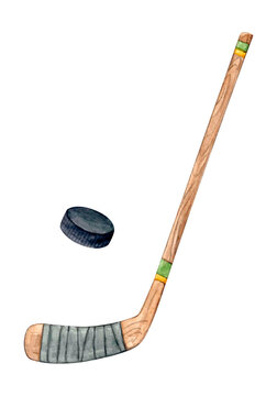 Wooden Hockey Stick And Puck On White Background. Hand-drawn Watercolor Illustration.