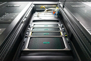 The server room tells the computer server that is working continuously. Convey the power and...