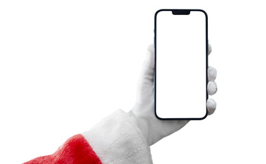 santa claus holding a mobile phone on transparent background png