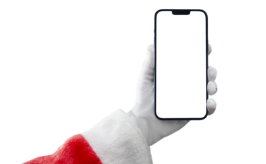 santa claus holding a mobile phone on transparent background png