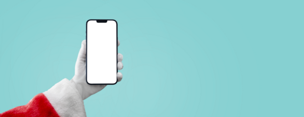 santa claus holding a mobile phone on blue background with png transparent screen