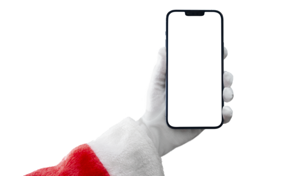 santa claus holding a mobile phone on transparent background png