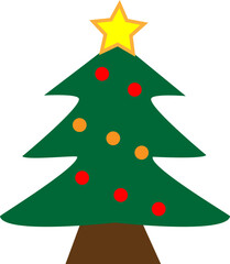 Christmas tree decorated with stars, decoration balls and lights. Merry Christmas and happy new year. Simple vector illustration.