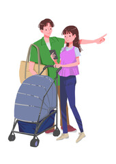 ベビーカーと夫婦のイラスト