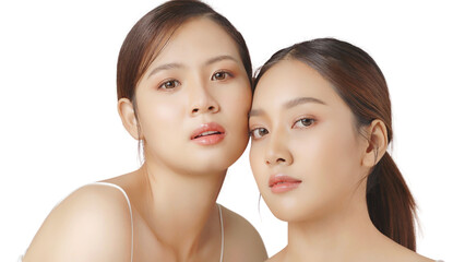 Portrait beauty shot of closed up view of young Asian woman with perfect skin near blurred friend isolated on transparent background, PNG file format.