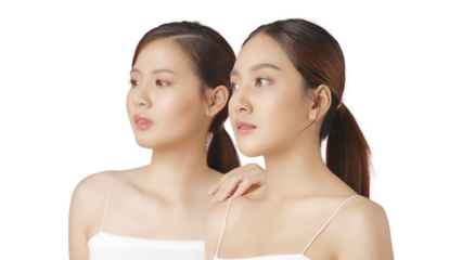 Portrait beauty shot of closed up view of young Asian woman with perfect skin near blurred friend isolated on transparent background, PNG file format.