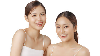 Portrait beauty shot of closed up view of young Asian woman with perfect skin near blurred friend...