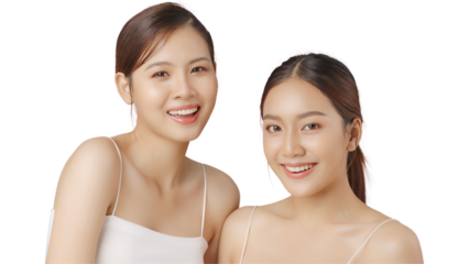 Portrait beauty shot of closed up view of young Asian woman with perfect skin near blurred friend isolated on transparent background, PNG file format.