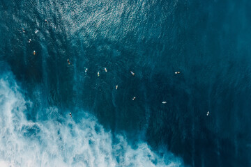 Aerial view of surfers in ocean with waves at Bali island. Top view