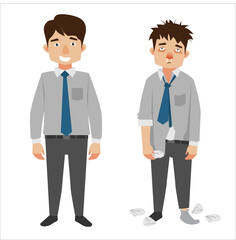 Healthy man versus sick man with flu, runny nose and fever
