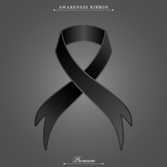 Black awareness ribbon on grey background. Mourning sign icons. illustration of vector graphic of ribbon as symbol. Vector eps 10