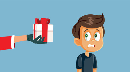 Disappointed Boy Receiving a Lousy Gift from Santa Vector Cartoon. Unhappy child reacting to a bad present from Santa
