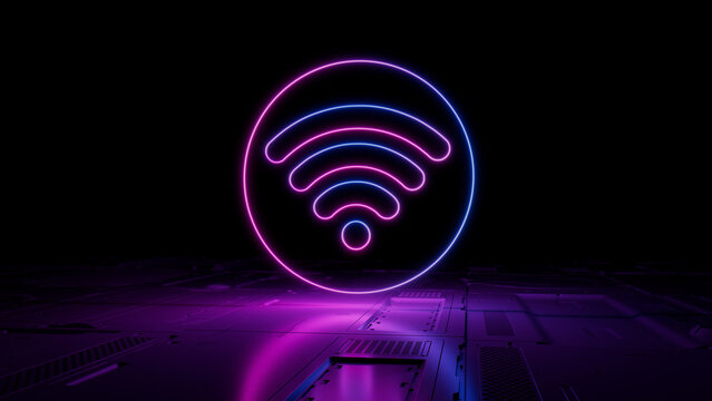 Pink and Blue Wireless Technology Concept with wifi symbol as a neon light. Vibrant colored icon, on a black background with high tech floor. 3D Render