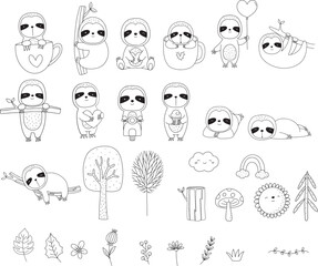 Sloth cartoon character with tree Big set outline hand drawn style, for printing,card, t shirt,banner,product.vector illustration