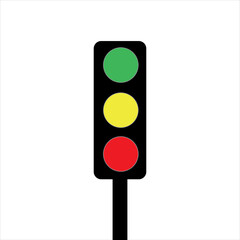 Semaphore. Traffic signage in illustrative format. Green, yellow, red and black colors. Traffic light in the background, white