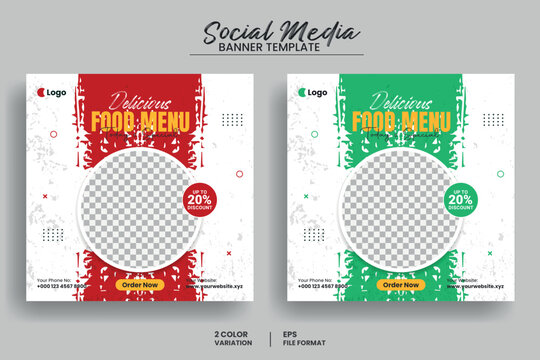 Delicious Food menu and restaurant social media post banner template and Instagram square banner layout with brush background