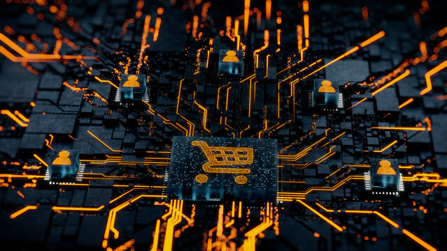 Ecommerce Technology Concept with shopping symbol on a Microchip. Orange Neon Data flows between Users and the CPU across a Futuristic Motherboard. 3D render.
