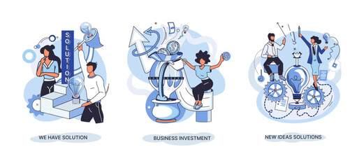 Fototapeta premium We have solution metaphor, business investment, new ideas solution scenes set. Teamwork and brainstorming. Team and new startup. Leadership and financial activities. Concept joint search for new ideas