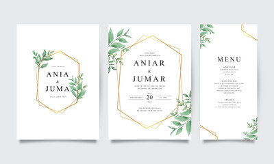Minimalist wedding invitation template with golden geometric and green leaves