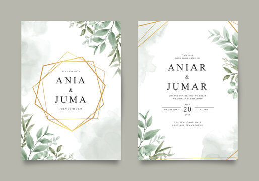 Elegant wedding invitation with golden geometric frame and green leaves
