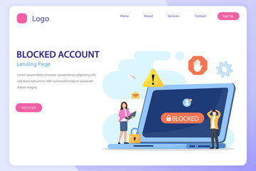 People are very surprised and feeling anxious about blocked user account. Experts help user to unblock account. Flat vector template