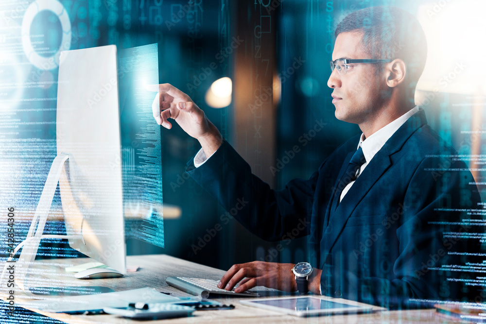 Poster Businessman, computer and futuristic hologram code for cyber security software, website seo and blockchain cybersecurity. Web developer, programmer and designer with digital transformation technology