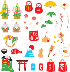 正月手書きイラスト　アイコンセット