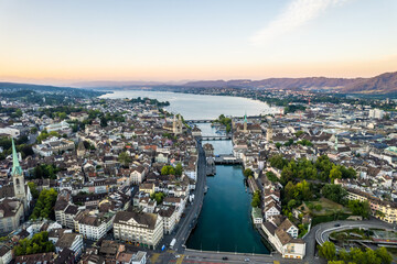 Obraz premium Aerial drone shot flying above Lake Zurich, Switzerland in sunny day.