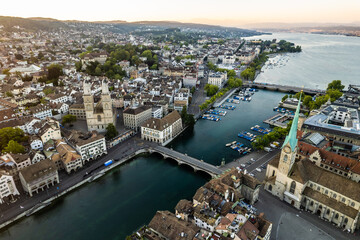 Obraz premium Aerial drone shot flying above Lake Zurich, Switzerland in sunny day.