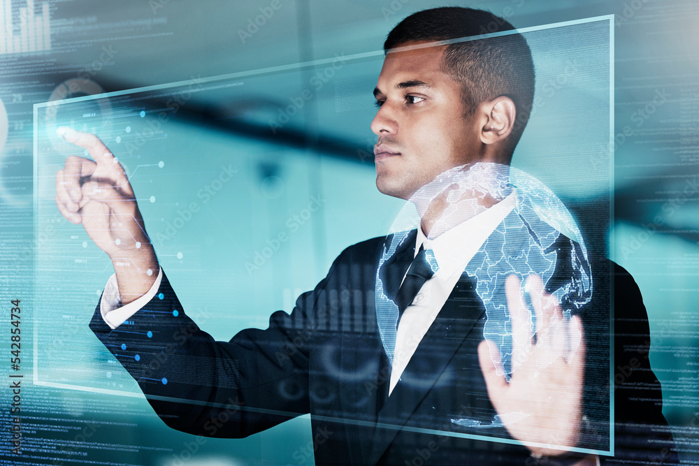 Aufkleber Cloud computing, hologram network AI or businessman with futuristic tech for networking, big data or analytics overlay. Network, employee or cybersecurity food coding, blockchain or 3d computer desk