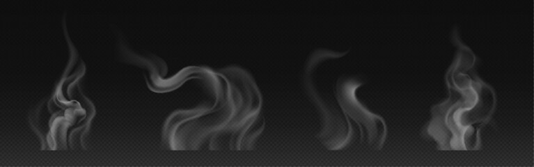 Tea smoke, coffee cup, food steam or vapor clouds, realistic white cigarette or hookah steam trail, hot dish or mug haze isolated design elements on black background, 3d Vector illustration, set © klyaksun
