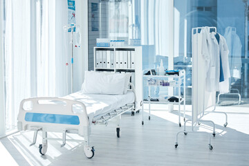 Backgrounds of empty patient room, bed and private healthcare facility, hospital and medical center...