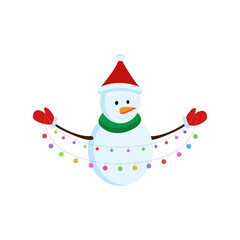 Snowman with christmas lights vector isolated on white background. 